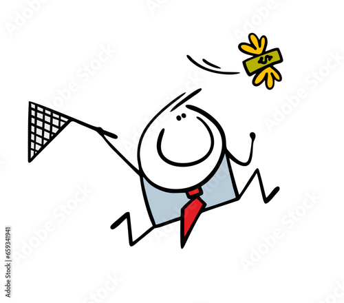 Funny businessman runs with a net and catches flying dollar with wings. Vector business concept illustration of stickman and money succeeds in work.