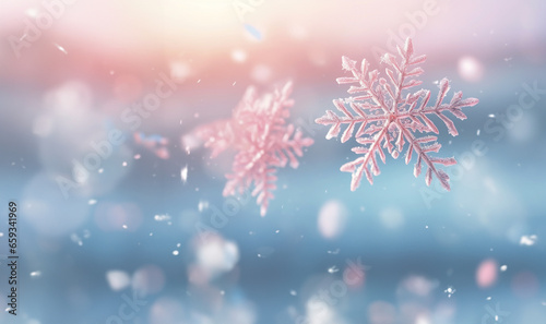 Winter snowy pastel wallpaper. Pink soft pastel gradient background with snowflakes. Cold and vivid illustration copy space © annebel146