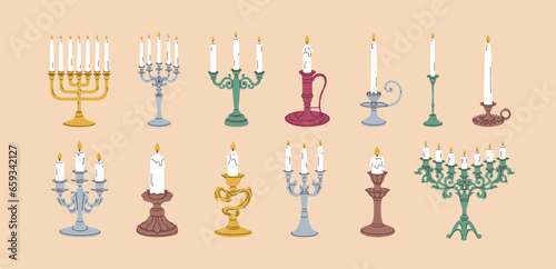 Candles in old vintage candlesticks set. Retro-styled candelabras designs. Ancient candlelights with fire flame in holders, bases. Elegant home decoration. Isolated modern flat vector illustrations