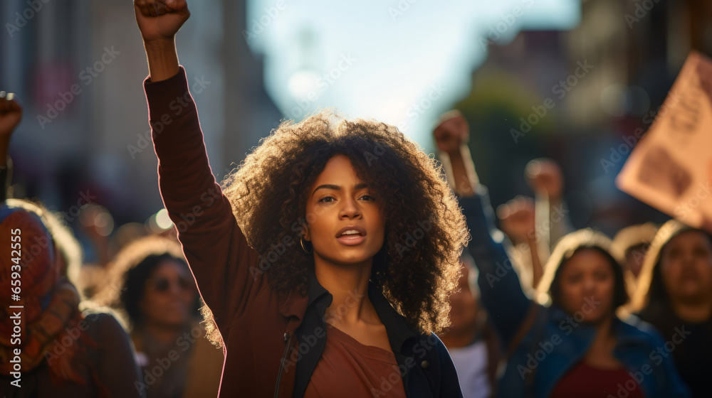 Black woman marching in protest with a group of people - obrazy, fototapety, plakaty 