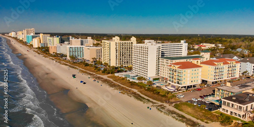 Myrtle Beach from drone, South Carolina. City and beach view at dusk