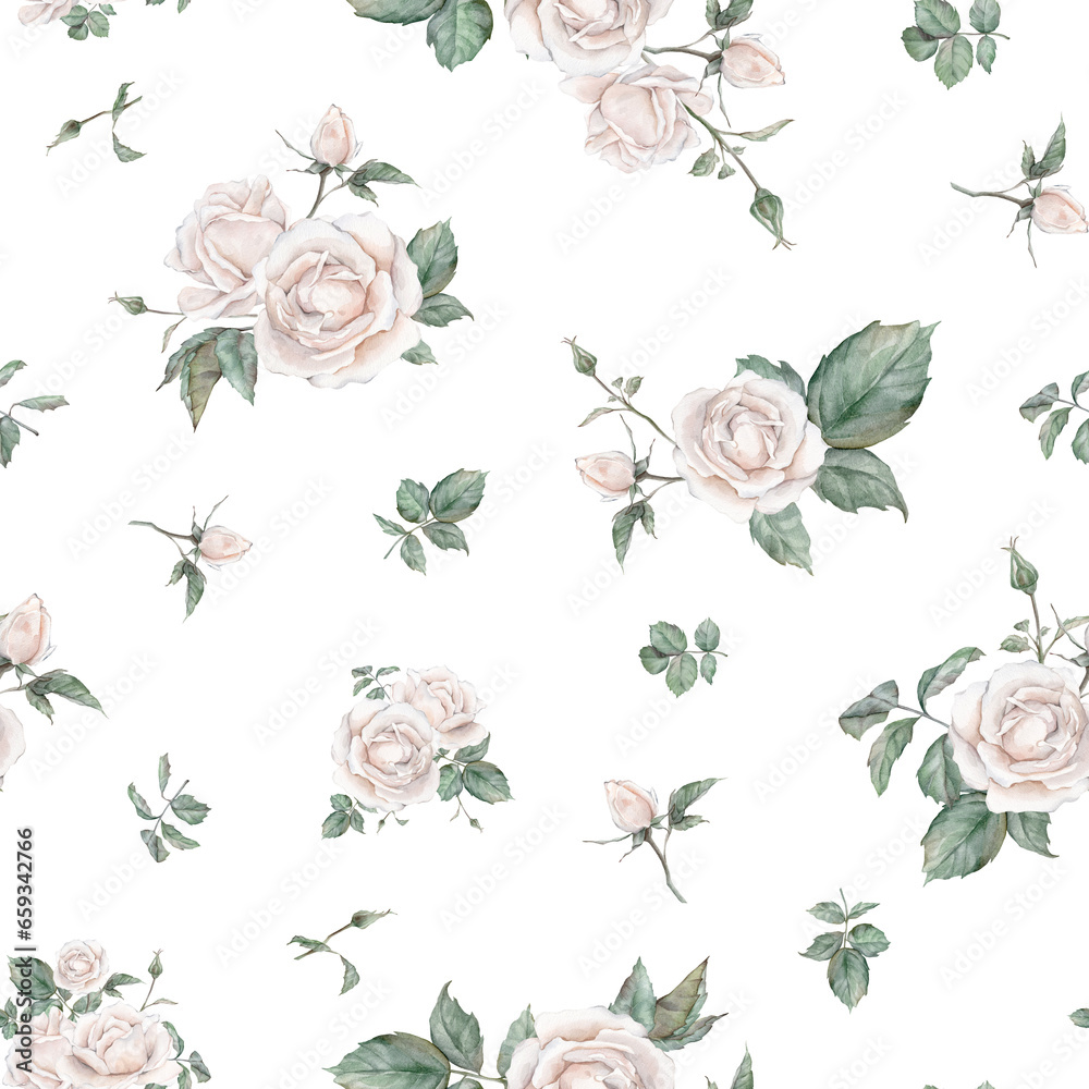 White roses seamless pattern. White roses arrangement. collection garden flowers, leaves. watercolor hand painting illustration on isolate white background. For wedding invitations, anniversary