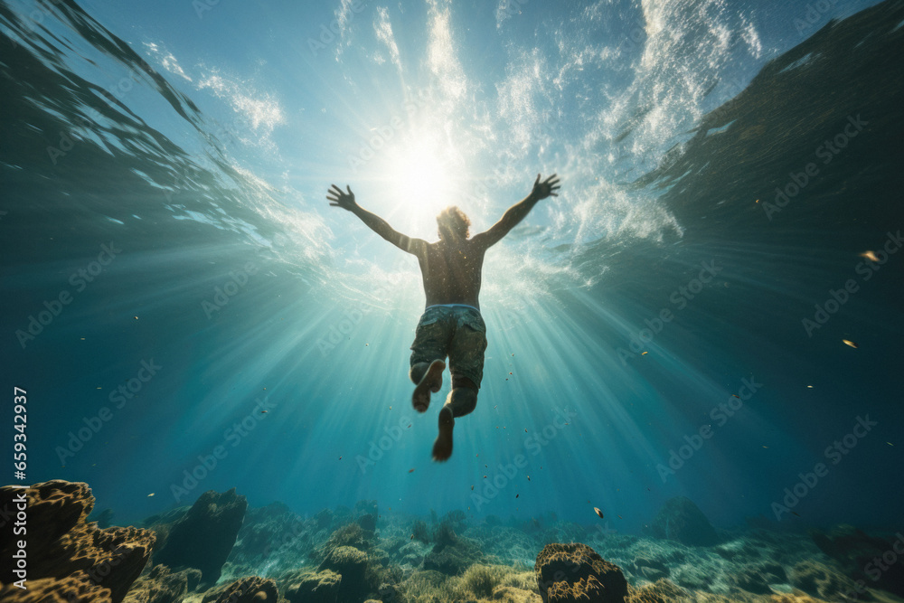 Man free diving, swimming to surface of water with sun rays shining through 