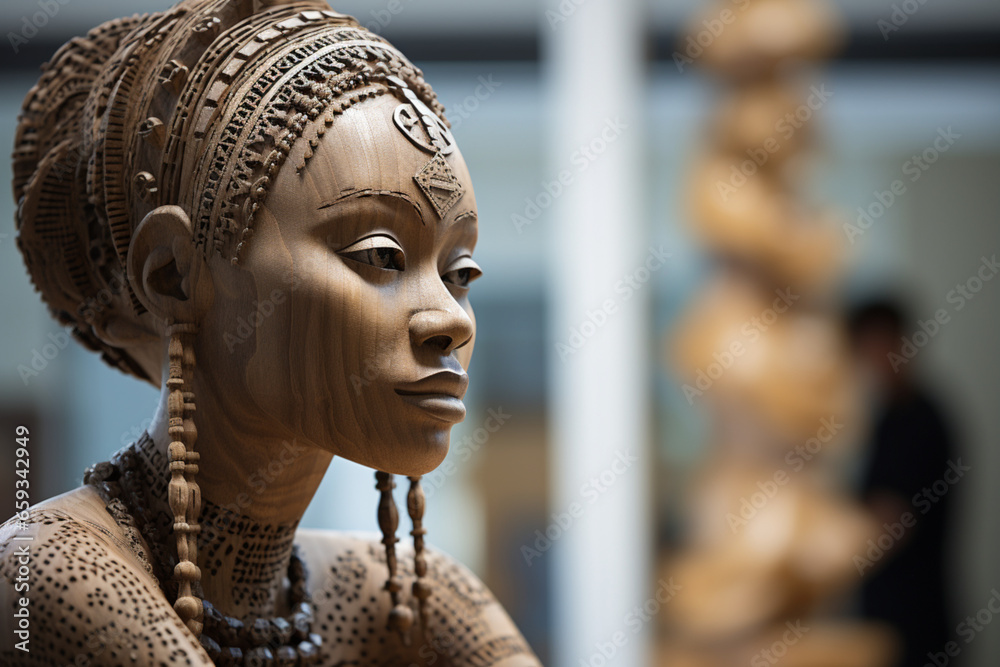 An Intricate African sculpture of a woman displayed Inside a well-lit art gallery An Intricate African sculpture of a woman displayed Inside a well-lit art gallery