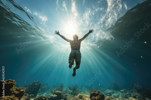Man free diving  swimming to surface of water with sun rays shining through 
