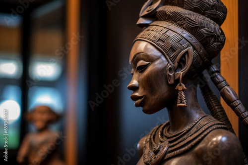 An Intricate African sculpture of a woman displayed Inside a well-lit art gallery