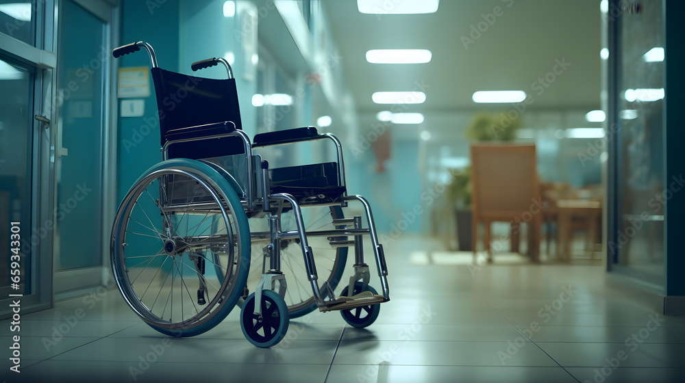 Single wheelchair in the hospital corridor Single wheelchair in the hospital corridor