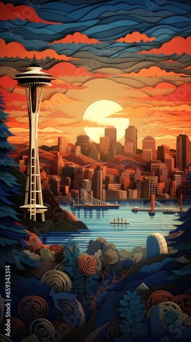 Seattle Skyline at Sunrise Sunset Paper Cut Phone Wallpaper Background Illustration