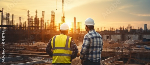 Back view of engineer and architect working on construction site at sunset