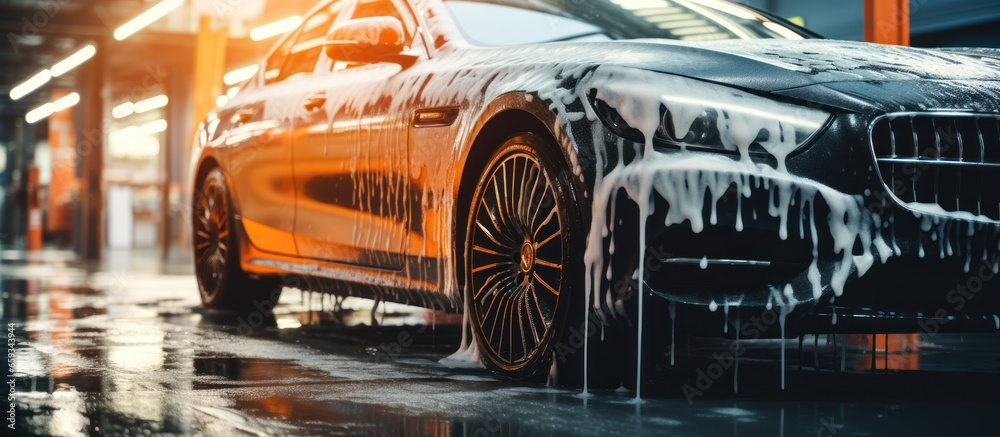 Car wash with foam and water. Cleaning car with high pressure water. - obrazy, fototapety, plakaty 