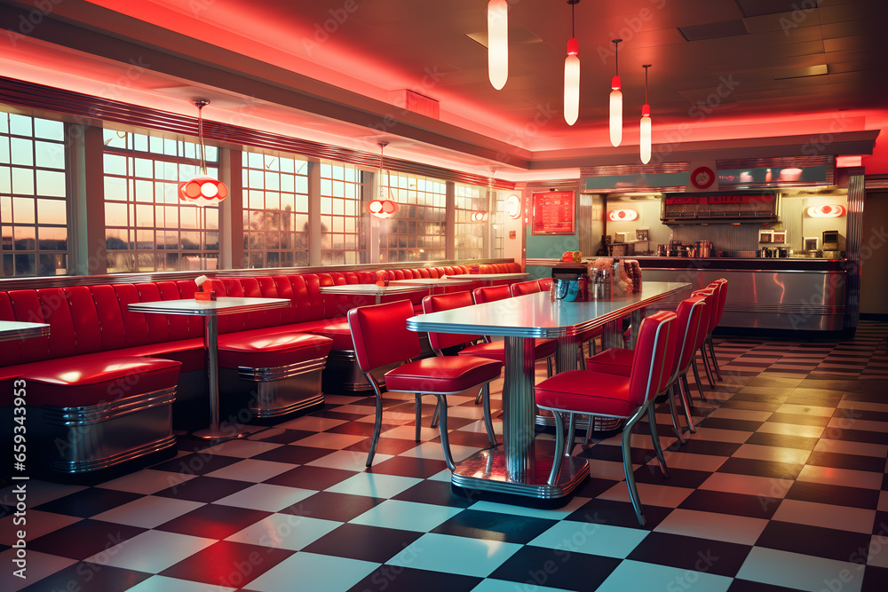 A Classic 1950s Diner with Neon Signs and Checkered Floors - obrazy, fototapety, plakaty 