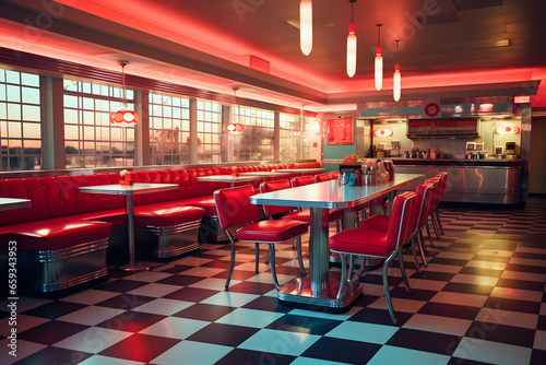 A Classic 1950s Diner with Neon Signs and Checkered Floors photo