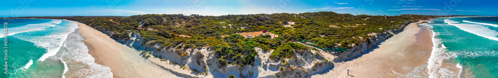 Kangaroo Island, Australia. Pennington Bay waves and coastline, panoramic aerial view from drone at sunset