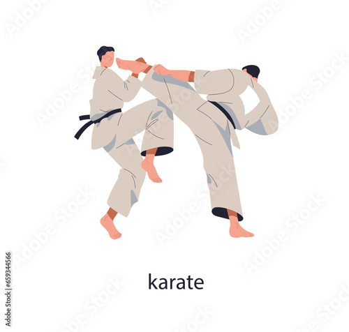 Karate fighters battle. Japanese martial art. Asian sport wrestling, fighting combat. Wrestler kicking, attacking at competition, match. Flat graphic vector illustration isolated on white background