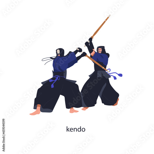 Japanese Kendo fighters battle. Japan armored men opponents fighting, competing with bamboo swords, shinai. Modern Asian martial art. Flat vector illustration isolated on white background
