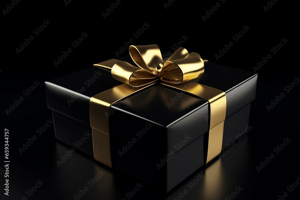 Present object close-up, wrapped gift box with gold elegant ribbon bow on black background. Festive elegance. Shiny surprise, dark backdrop. Celebrating shopping, holiday gift giving concept. Present object close-up, wrapped gift box with gold elegant ribbon bow on black background. Festive elegance. Shiny surprise, dark backdrop. Celebrating shopping, holiday gift giving concept.