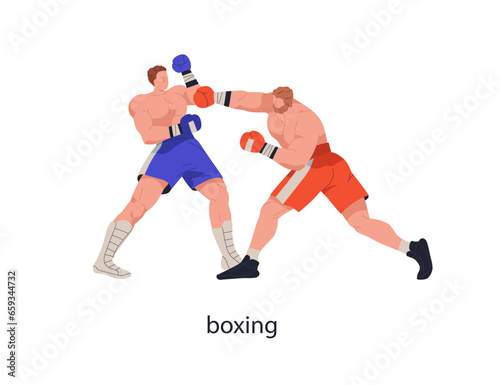People boxing. Sport fighters, box combat, competition. Boxers fighting in gloves, punching with fist in battle. Men athletes wrestling. Flat graphic vector illustration isolated on white background