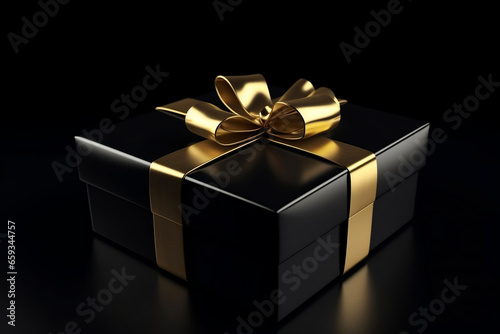 Present object close-up, wrapped gift box with gold elegant ribbon bow on black background. Festive elegance. Shiny surprise, dark backdrop. Celebrating shopping, holiday gift giving concept.