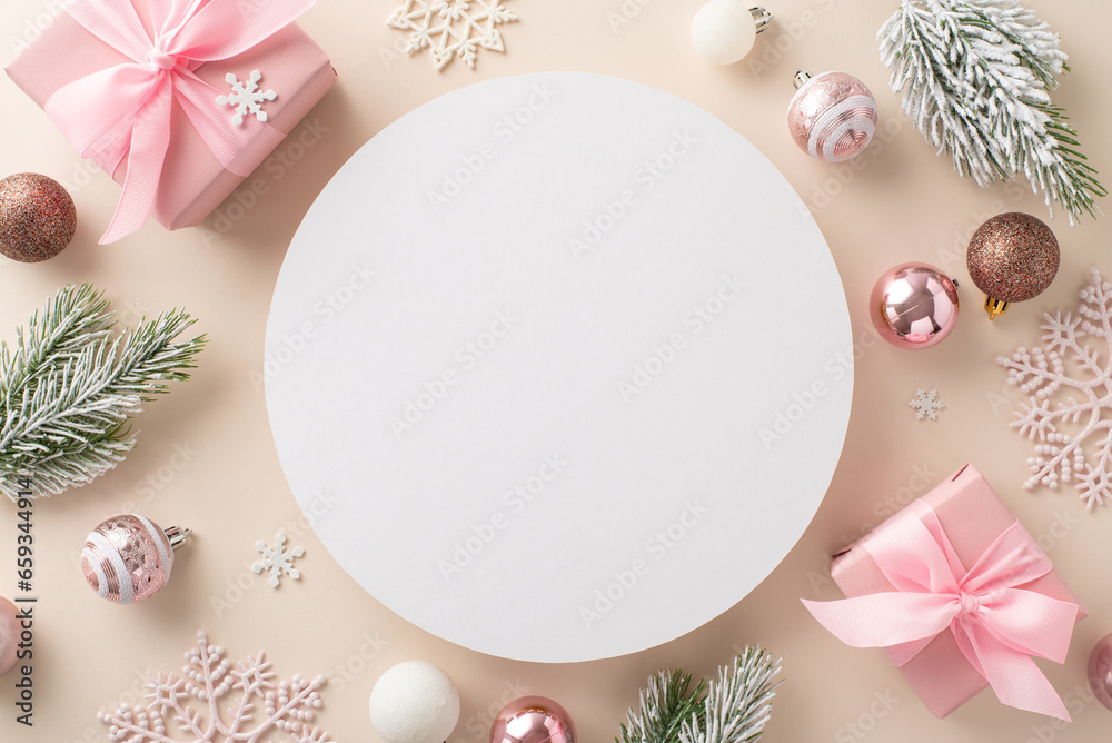 Winter Magic Scene: Top view photo of pink-wrapped gifts, cute tree decor, delicate snowflakes, frosted fir branches on soft beige backdrop. Create your New Year's greetings or adverts in blank circle