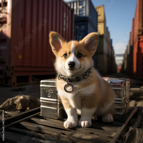 Corgi pup in metal shipping crate