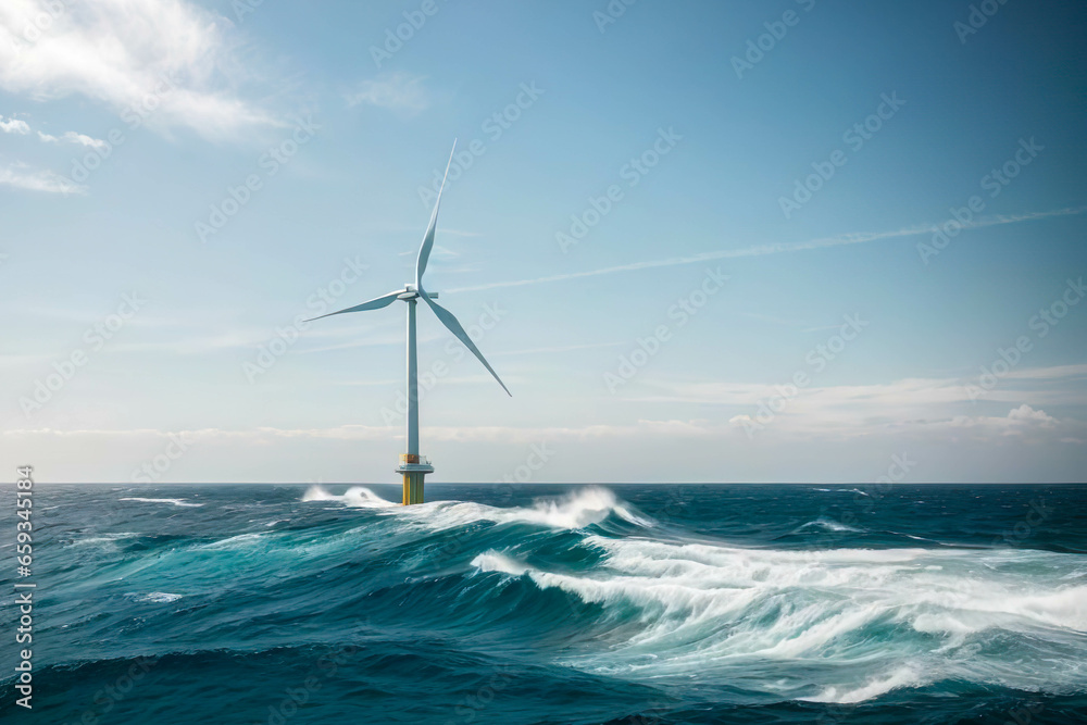 Wind turbine in sea waves. Wind power generation in water. Windmill in sea on blue sky background. Alternative energy source.