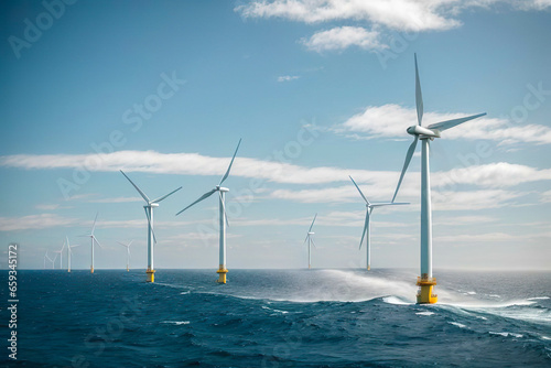 Wind turbine in water. Aerial view of wind turbines in blue sea. Windmills farm in ocean. Row of wind turbines in the sea . Alternative energy source.