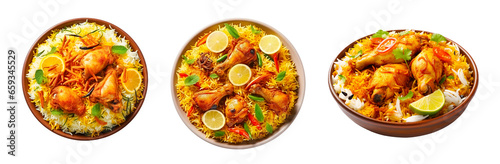 Set plate delicious vegetable chicken biryani cut out isolated on transparent background