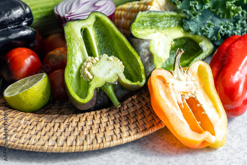 Close-up, bell peppers on the kitchen table. photo