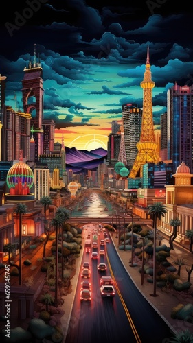Las Vegas Strip Sunset Paper Cut Phone Wallpaper Background Illustration	
