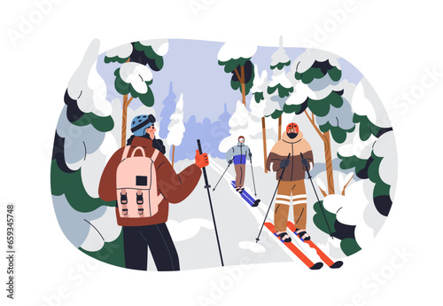 Skiers in winter forest on vacation. People skiing outdoors in cold weather, ...