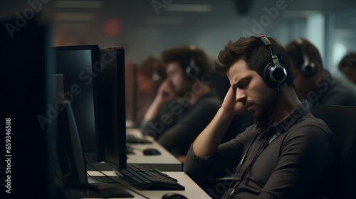 Stressed anxious man working at a call center with headache and pain from work