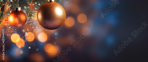 Christmas Tree With Baubles And Blurred Shiny Lights and bokeh lights. Gold background