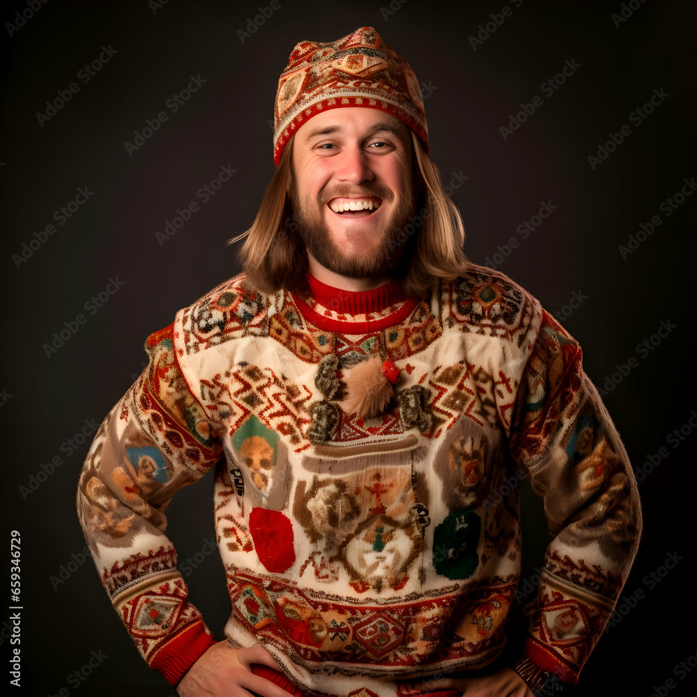 National Ugly Christmas Sweater Day happy man. High quality