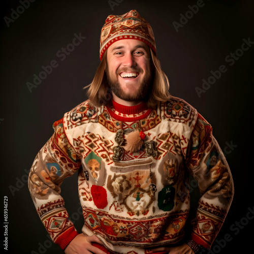 National Ugly Christmas Sweater Day happy man. High quality