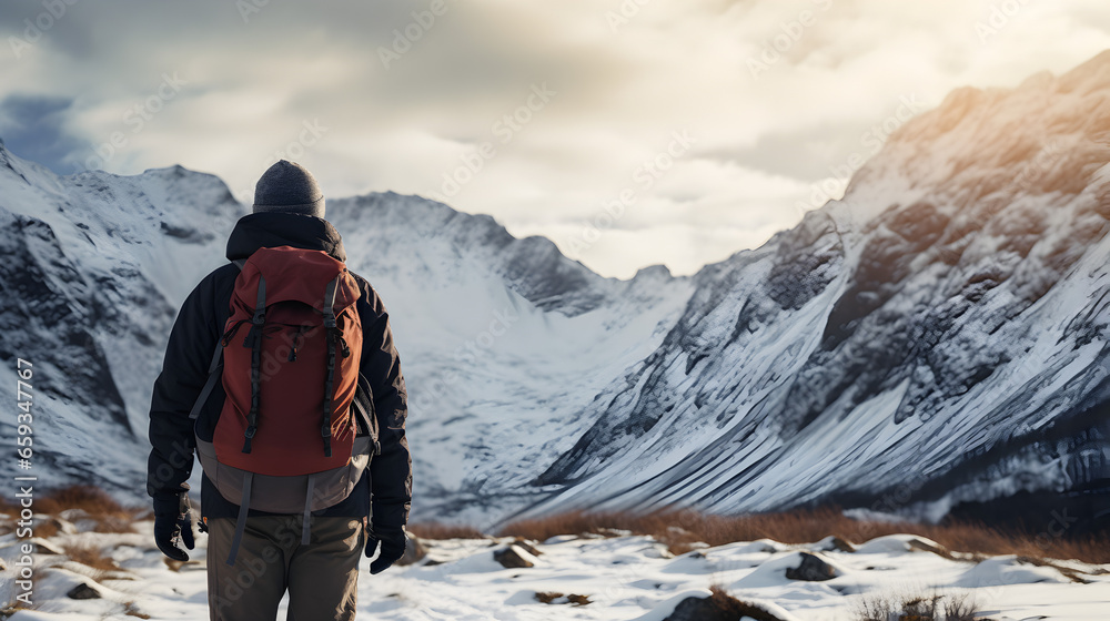 un homme de dos, aventurier, marche dans la montagne enneigée avec un gros sac à dos