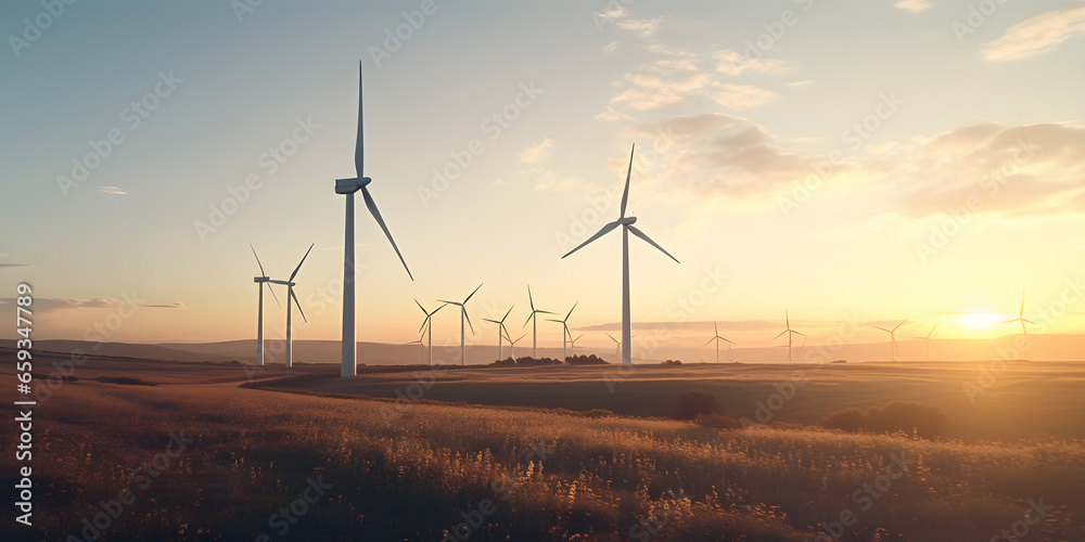 Obraz premium Wind Farm Generating Renewable Energy in a Rural Landscape