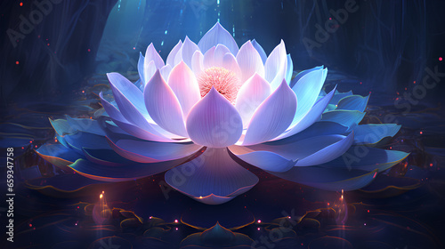 lotus gracefully poised against a backdrop of darkness, its luminous petals contrasting against the obsidian canvas. #659347758
