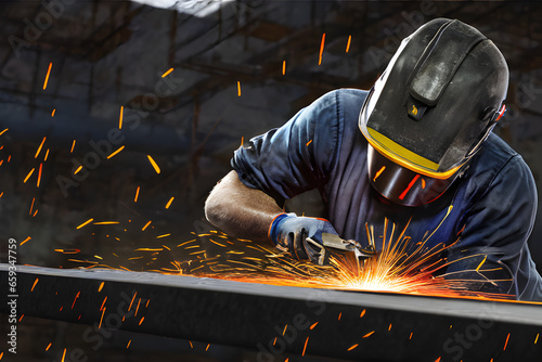 Construction Worker Closely Welding Metals Manufactured Metallic Parts In Warehouse Factory With Sparks Flying © Kevin S.