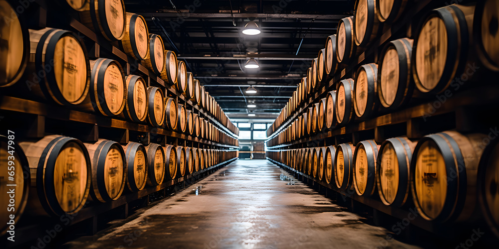 Whiskey bourbon scotch wine barrels in an aging facility - obrazy, fototapety, plakaty 