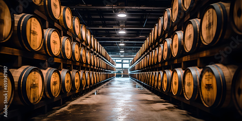 Foto Whiskey bourbon scotch wine barrels in an aging facility