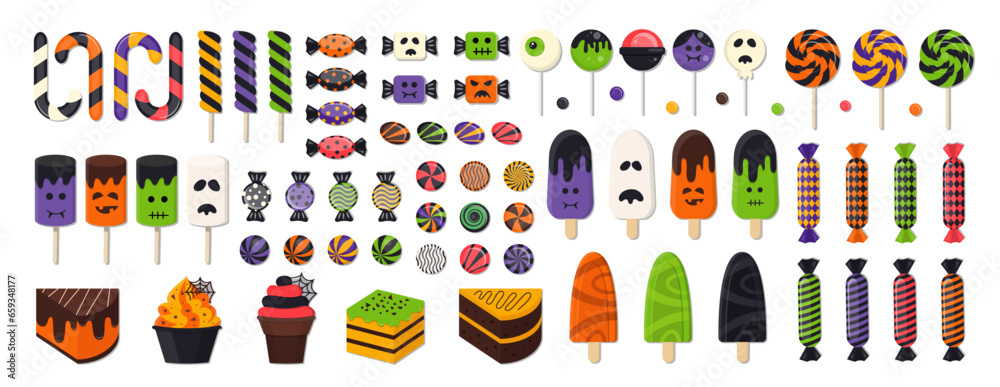 Halloween Sweet Candies, Desserts and Ice Cream Vector Set. Collection of Spooky Monster Sweets, Lollipops, Gumballs, Sugar Caramel, and Twisted Marshmallows. Halloween Sweet Candies, Desserts and Ice Cream Vector Set. Collection of Spooky Monster Sweets, Lollipops, Gumballs, Sugar Caramel, and Twisted Marshmallows.