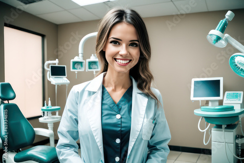 portrait of a beautiful woman working as a dentist in the clinic, science concept, generative ai 