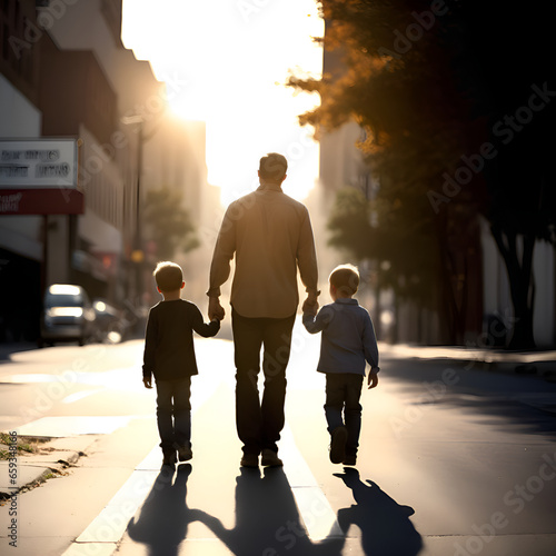 father walks with children on the street