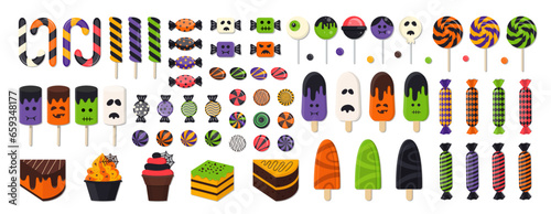 Halloween Sweet Candies, Desserts and Ice Cream Vector Set. Collection of Spooky Monster Sweets, Lollipops, Gumballs, Sugar Caramel, and Twisted Marshmallows.