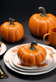 orange kitchen set with ceramic pumpkins