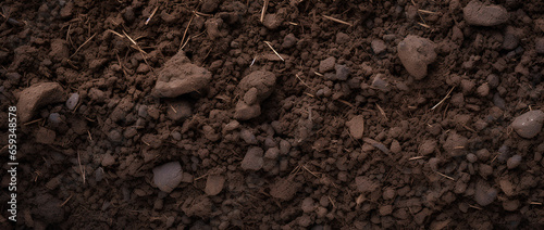 Fertile soil texture background seen from above, top view. Gardening or planting concept with copy space. Natural pattern