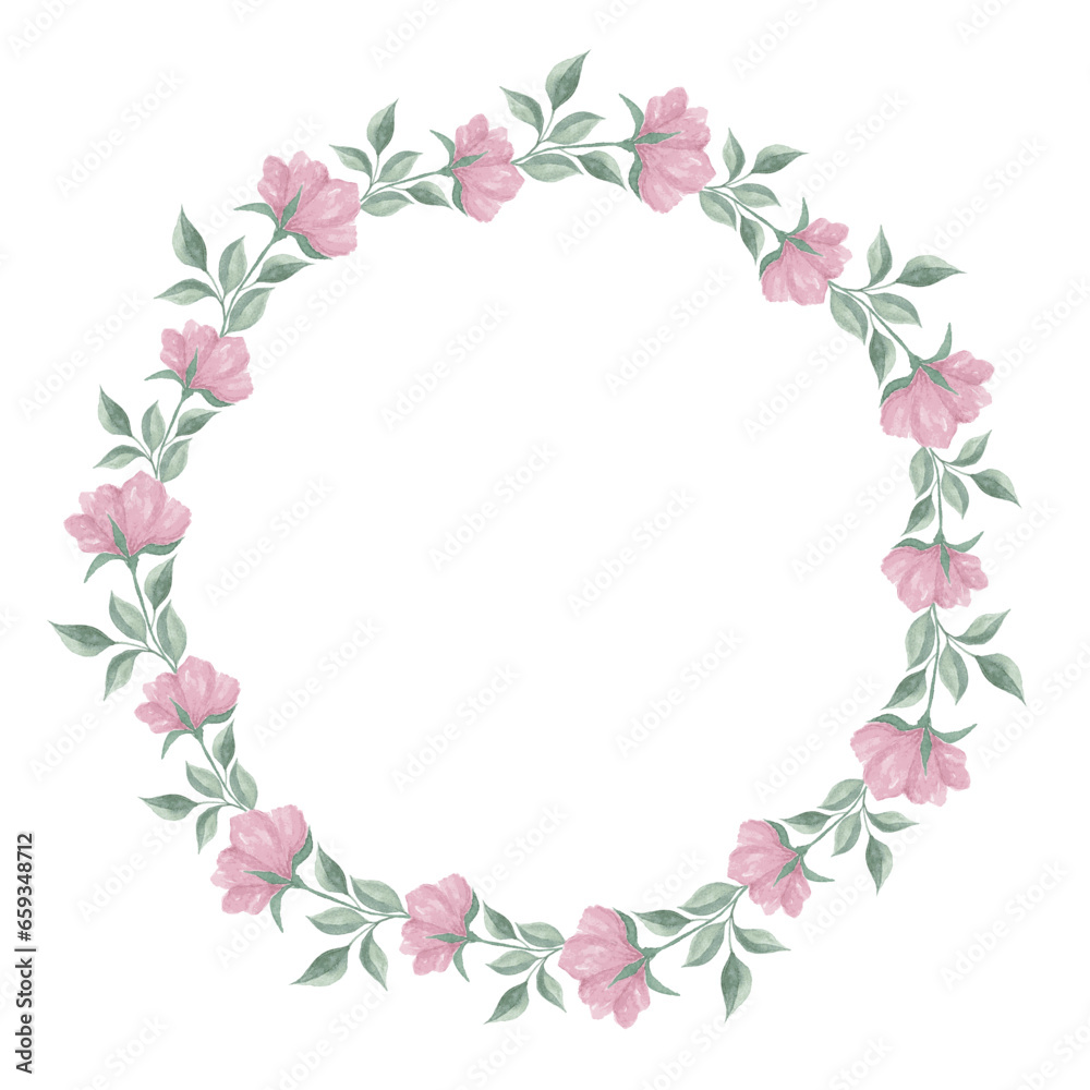 pink apple blossom flower watercolor art drawn round frame