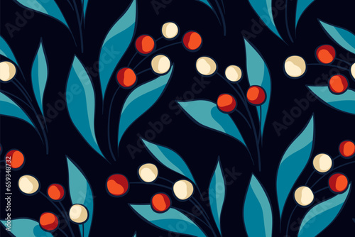 Seamless floral pattern, winter natural print with drawing berries. Cute botanical design with small hand drawn white, red berries, blue leaves on a dark black background. Vector illustration.