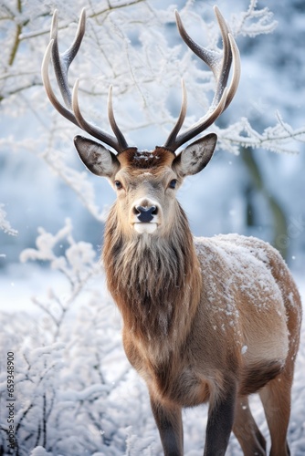 beautiful stag in the winter forest - ai-generated