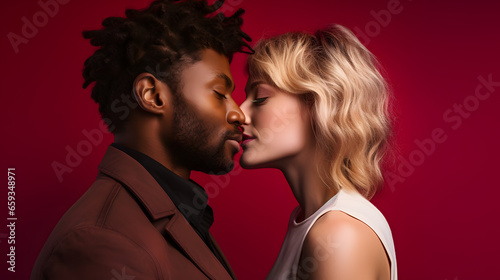 couple kissing - black man, white woman, maroon background